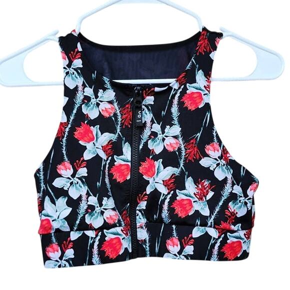 MINKPINK Move Zip Front Black Red Floral Crop Top Sports Bra - Picture 1 of 7